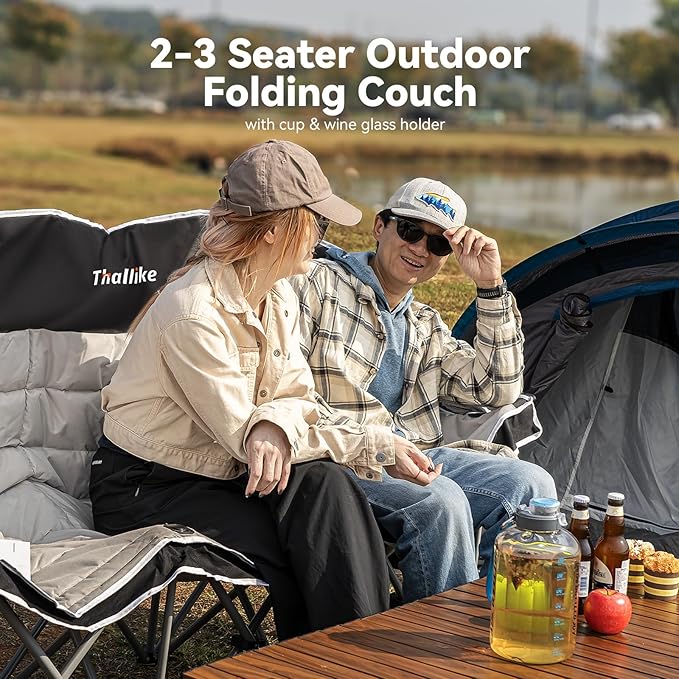 Double Camping Chair – 2-3 Person Outdoor Folding Sofa with Cup & Wine Glass Holders – Oversized Loveseat Camping Couch for Campfire, RV, Backyard – Supports Up to 660 lbs