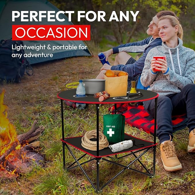Camping Table, 2-Tier Folding Portable Table with 4 Cup Holders, Camping Cip & Carry Bags for Camping, Collapsible Table Steel Frame, High-Grade 600D Canvas, for BBQ, Fishing, and Picnic