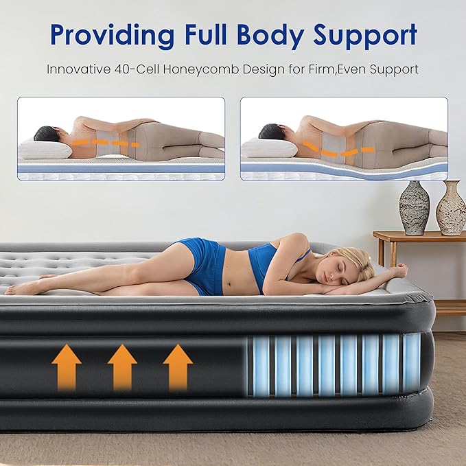 Camping Air Mattress Queen with Built in Pump 18" Thickness 660lbs Heavy Duty Comfortable Blow up Air Mattress with Carry Bag Inflatable Foldable Flocked Top Air Bed for Travel, Home (Black & Grey)