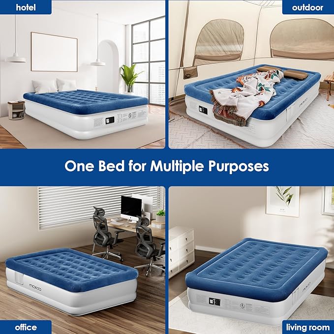 MoKo Air Mattress Queen with Built in Pump, 18'' Luxury Inflatable Mattress, 3 Min Fast Blow up Mattress with Dual-Chamber, Comfort Top - Velvety Air Bed for Home, Camping, Travel, Guests, White/Blue