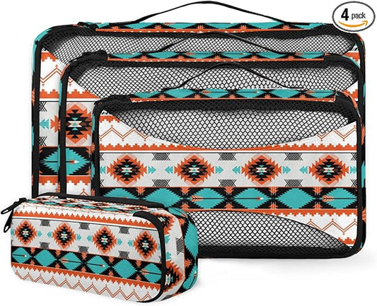 Aztec Western Compression Packing Cubes for Travel,Expandable Cubes Storage Bag Carry on Luggage Organizers for Toiletry Clothes Shoe Accessories 4 Set