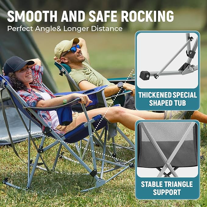 FUNDANGO Rocking Camping Chair, 2 Pack High Mesh Back Portable Folding Camp Chairs with Pillows, Cup Holder and Carry Bag for Lawn Patio Garden Outdoor Supports 300 Lbs (Black/Grey)