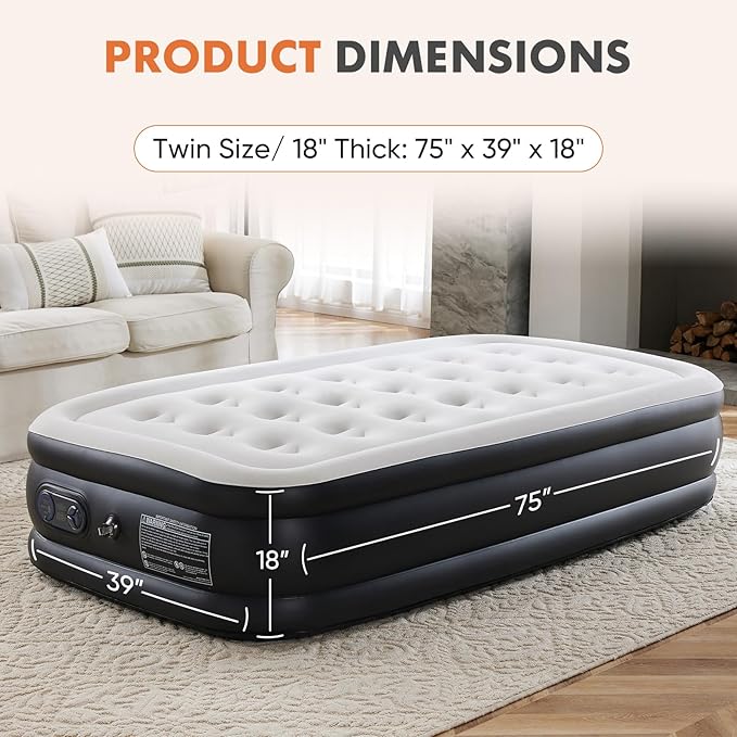Elevon Air Mattress with Built in Pump - Luxury Double High Inflatable Bed for Home, Travel & Camping, Navy/White, Twin, 18" High