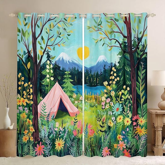 Manfei Camper Camping Blackout Curtains,Tent RV Trailer Rustic Adventure Boys Girls Room Decor,Daisy Flowers Leaf Mountain Lake Window Drapes,Pink 2 Panels,52Wx96L inch
