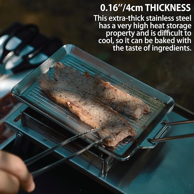 CAMPINGMOON Grill Griddle Plate for Camping Grilling 304 Stainless Steel DO-21,DO-2117 L 8.3'' x W 5.5'' x T 0.16'' Extra-thick with Removable Handle (Plate with Cover (DO-2117))