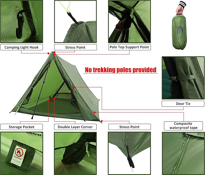 2-Person Trekking Pole Tent for Backpacking - Ultralight A-Frame Backpacking Tent, Two Person Waterproof Hiking Tent for Camping, Lightweight Camping Tent for Scouts, Trekker (No Poles)