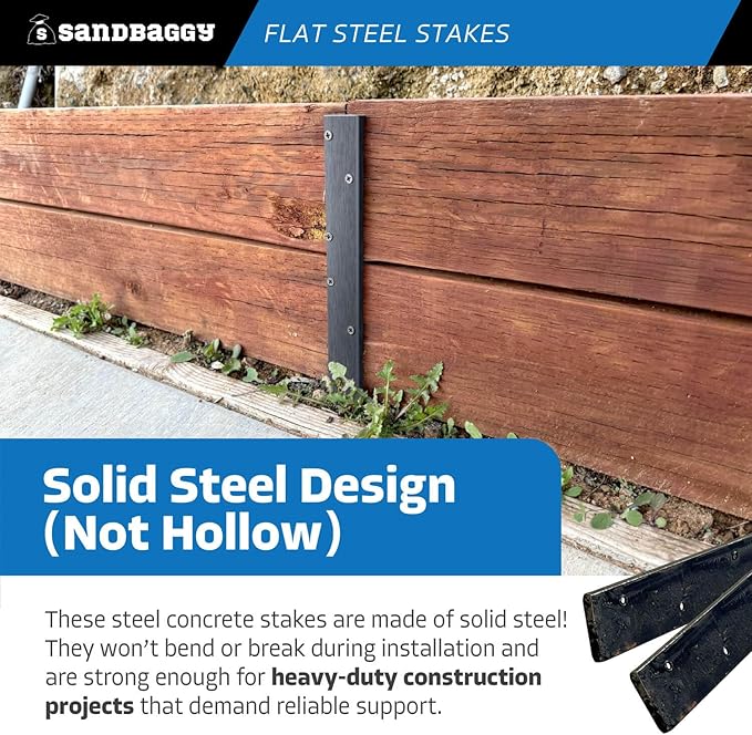 Sandbaggy Flat Steel Stakes for Concrete Forms with Nail Holes - 1.5" Wide - Painted - Removable, Reusable, V Point End - Construction Grade Stakes (10, 60 inch)