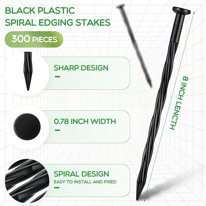 300 Pcs Landscape Edging Stakes Bulk 8 Inch Spiral Landscape Anchoring Spikes Plastic Edging Nails Yard Garden Anchoring Spikes for Weed Barrier Paver Edging Artificial Turf Stakes