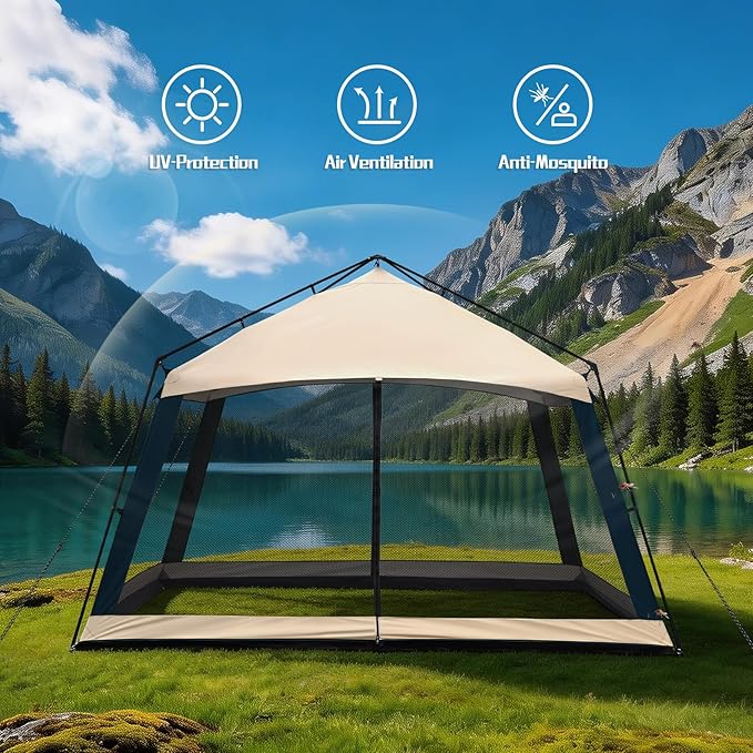12 x 12 FT Camping Screen Tent for 8-10 Person, Easy Setup Screen House with UV 50+ Sun Protection & Mosquito Net for Camping, Backyard, Picnic, Patio Outdoor Beige & Navy