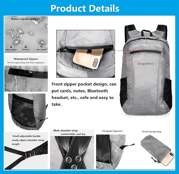 Small Foldable Hiking Daypack Packble Skin Casual Backpack Camping Cycling Travel Outdoor Day Bags Useful (Gray)