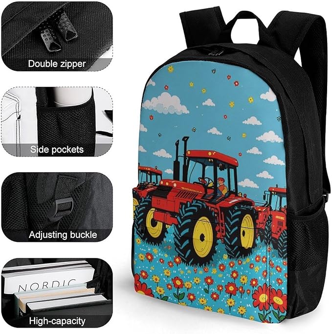 Daypack Bookbag Anti-Theft Multipurpose Large Capacity Bookbag, Farm Tractor Pattern Travel Hiking Camping Rucksack With Adjustable Shoulder Straps