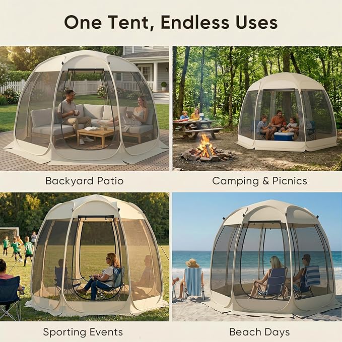 TABU Pop Up Screen House Tent, 12x12 FT Screen Room Canopy with Mosquito Mesh, Instant UV Resistant Shelter with Carry Bag, for 8-10 Person, Beige