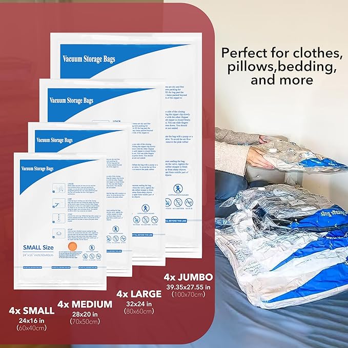 MEIQIHOME Vacuum Storage Bags, Space Saver Sealer Bags,Vacuum seal bags for clothing, Pillows, Comforters, Blankets, Bedding,Travel,16 Pack with Electric Pump