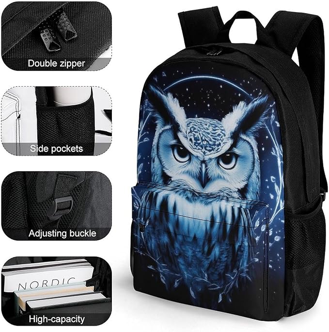 Men Women Lightweight Fantasy Beautiful Owls Art Casual Daypack Big Capacity Bookbag With Padded Straps for Gym Travel Walking Cycling