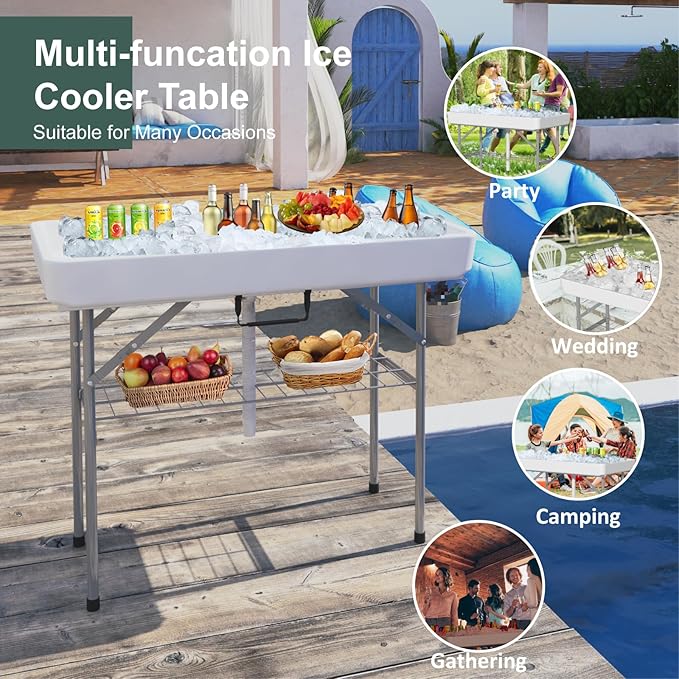 4 Foot Led Ice Cooler Table, Outdoor Cooler Table with Removable Matching Skirt LED Light Strip Drain Plug and Shelf, Folding Ice Tables for Party, BBQ, Camping, Picnic