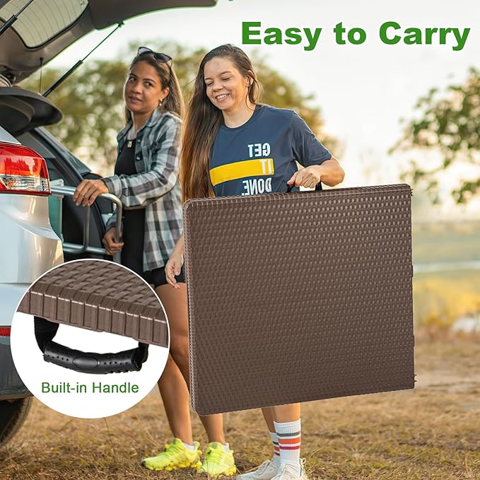 Tangkula 5FT Folding Table, Indoor Outdoor Foldable Plastic Table with Rattan Textured HDPE Tabletop, Sturdy Metal Fame, Carrying Handle, 4-6 Person Picnic Table for Camping BBQ Party