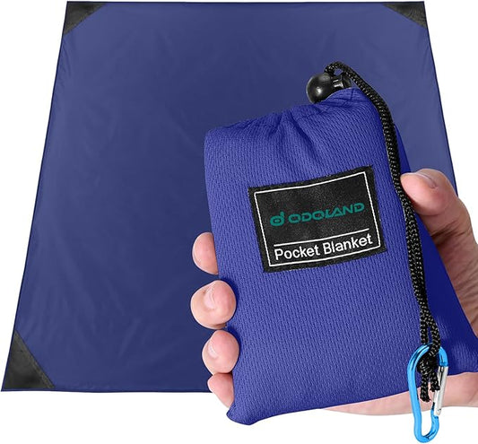Odoland Pocket Blanket Picnic Blanket, 71" x 63" SandProof Waterproof Outdoor Beach Blanket with Portable Bag, Foldable Lightweight Sand Free Quick Drying Beach Mat for Hiking Camping Travel, Blue