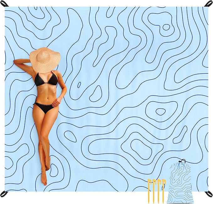 Beach Blanket Waterproof Sandproof, 78''×86'' Large Sand Free Picnic Blanket for 1-4 Adults, Big Foldable Blue Beach Travel Mat with 4 Stakes & Corner Pockets for Outdoor, Grass, Park, Patio