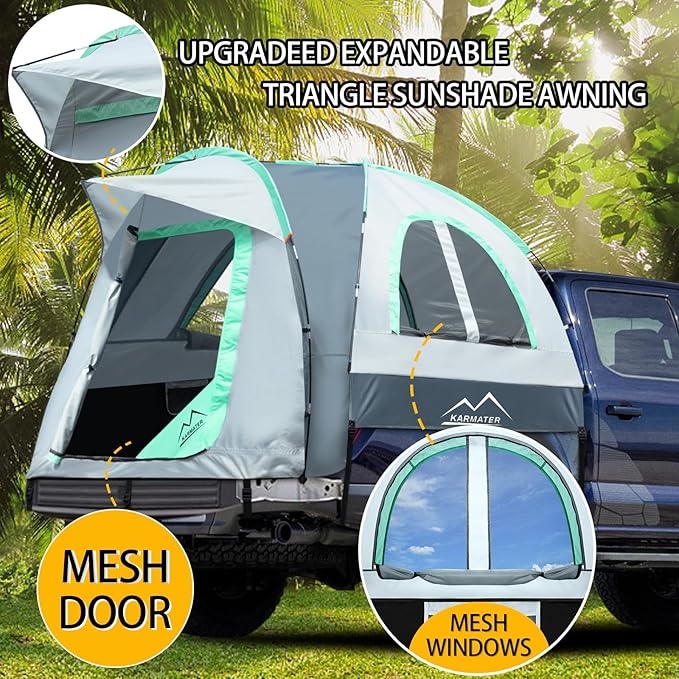 Pickup Truck Tent, Waterproof PU2000mm for Camping 5.5-6 Ft Bed,2-Person Sleeping with Double Layer Design Windows, Portable Overland Tent Expandable Triangle Sunshade Awning