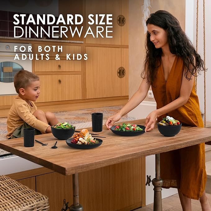 Wheat Straw Dinnerware Sets For 4 - Alternate To Black Plastic Dishes - Dishwasher Microwave Safe Plates And Bowls Sets - Unbreakable Wheat Straw Plates And Bowls - Camping Dishes