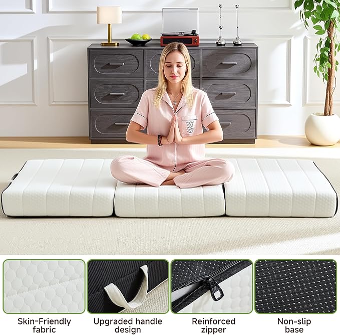 Foldable Mattress, Full Tri-Fold Memory Foam Mattress Topper with Washable Cover, Handle & Non-Slip Bottom, 4 Inch Portable Folding Bed for Guest, Yoga, Living Room, Camping - 73"x52"x4"