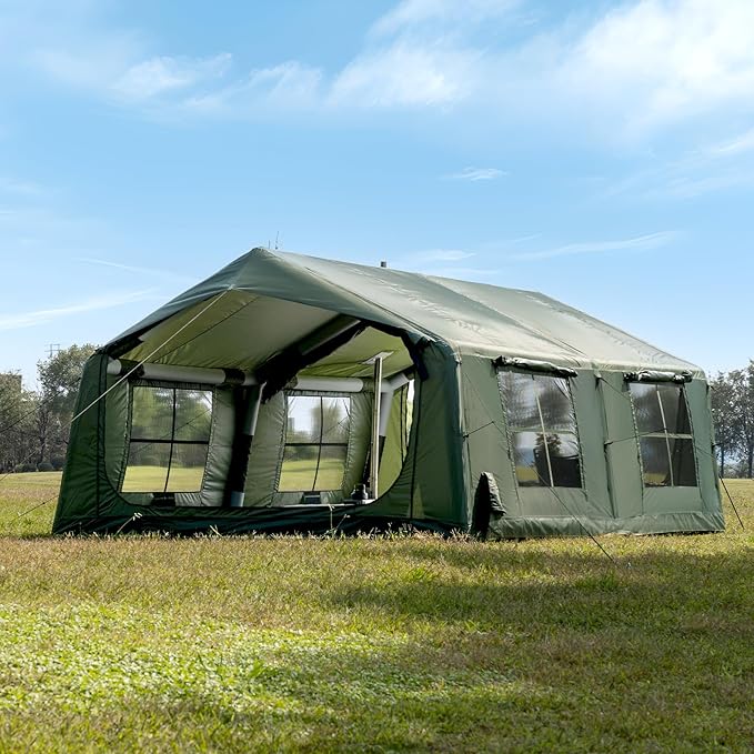Inflatable Camping Tent with Hand Pump Waterproof Outdoor Blow up Tent 2-8 Person Oxford 4 Season Glamping Air Tent Cabin House with Mesh Windows & Door