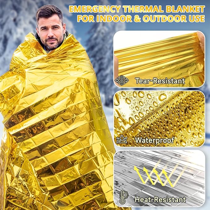 SecuCaptain Survival Emergency Thermal Blankets: Extra Large 84” x63” Space Mylar Blanket Kit for Outdoor Cold Winter Camping Hiking Car Bug Out Bag or First Aid - 4 Pack Gold
