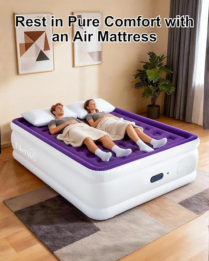 Queen Air Mattress with Built in Pump, Inflatable Mattress for Home, Blow up Air Bed 3 Min Quick Inflation and Deflation, Thin Velvet Top, 22'' Queen Size Purple