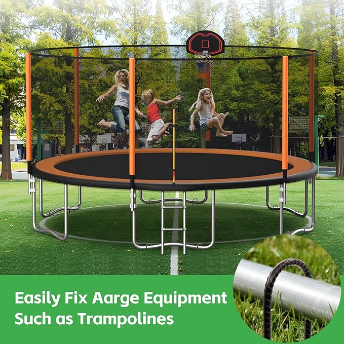 8 Pack 12 Inch Trampoline Stakes Set - Trampoline Anchors with Hammer and 2 Windproof Rope, Tent Wind Stakes - Galvanized Steel Anchors for Swing, Camping Tents, Soccer Goals, Black