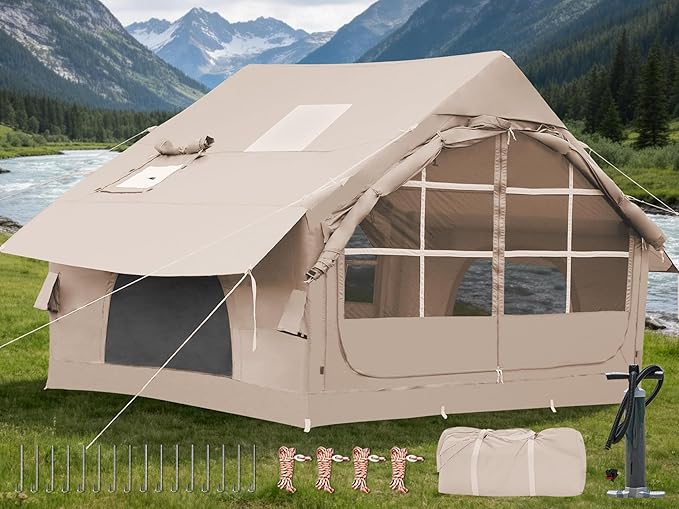 Inflatable Camping Tent,2/4/6/8 Person Glamping Inflatable Tents with Awning, Quick Setup Blow Up Tents with Pump, Waterproof Oxford Inflatable House for Camping, Air Glamping Hot Tents for Adult