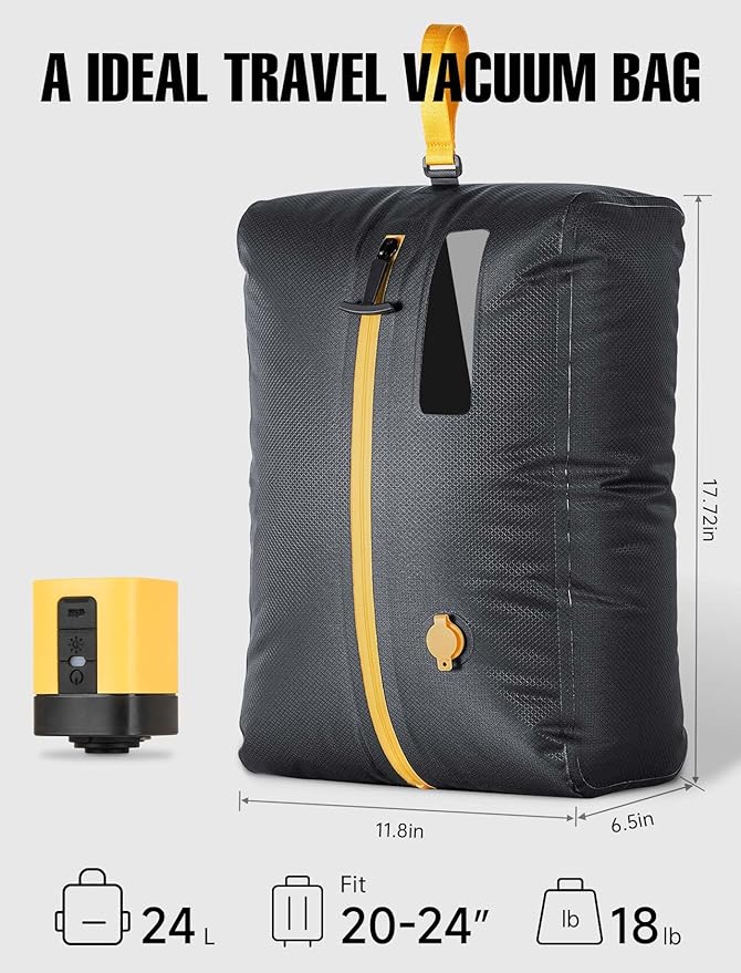 Vacuum Bags for Travel w/Rechargeable Pump, 24L Reusable Vacuum Compression Bag Packing Cubes for Carry-On Suitcase & Backpack, IP67 Waterproof Space Saver Vacpack Storage Kit (3 Pack+Pump)