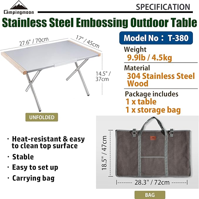 Camping Side Table Heat-Resisting Stainless Steel Embossing Process for Outdoor Table Top Grill with Carrying Bag T-380