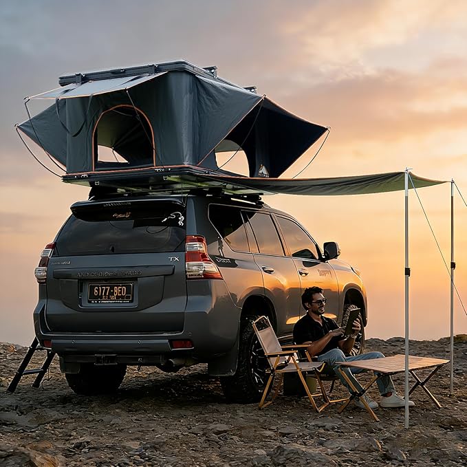 Pioneer Pro Rooftop Tent Hard Shell with USB Outlet, Summer Side Awning, Winter Thermal Liner&Luggage Racks for 4 Season Camping, Aluminum Pop Up 2-3 Person Roof Tent for Truck Jeep SUV Van Trailer