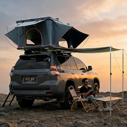 Pioneer Pro Rooftop Tent Hard Shell with USB Outlet, Summer Side Awning, Winter Thermal Liner&Luggage Racks for 4 Season Camping, Aluminum Pop Up 2-3 Person Roof Tent for Truck Jeep SUV Van Trailer