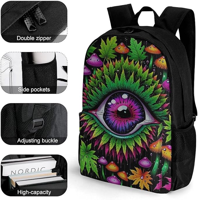 Polyester Daypack Bookbag for Gym Business Bicycle, Large Capacity Multipurpose Anti-Theft Carry On Bag, Trippy Eye Mushroom Art Travel Hiking Daypack