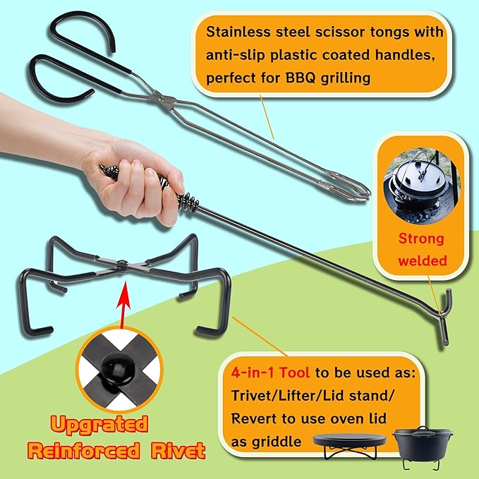 5-in-1 Dutch Oven Camping Accessories Kit - Campfire Cooking Equipment with Heat-Resistant Gloves, 16" Scissors Tongs, Lid Lifter, Lid Stand & Trivet | BBQ Tools, Outdoor Camping Cookware