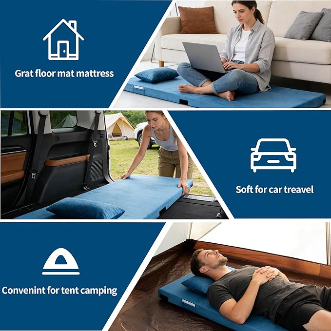 3 Inch Memory Foam Camping Mattress Pad, Dual Layer Thick Sleeping Camp Mat for Sleepover Car Tent, Portable Roll Up Mattress for Adults with Travel Bag