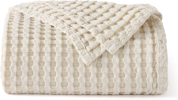 Bedsure Cooling Cotton Waffle Throw XL Blanket - Lightweight Breathable Blanket of Rayon Derived from Bamboo for Hot Sleepers, Light Beige, 50x70 Inches