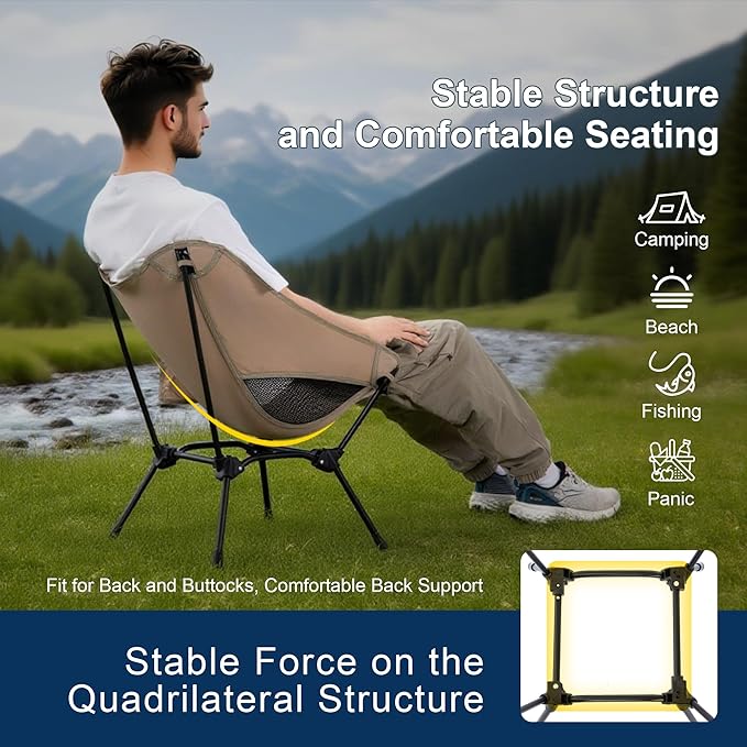 Camping Chair Portable Lightweight Camping Chairs for Adults Foldable 600D Oxford Ultralight Backpacking Chair with Breathable Mesh and Pocket for Outdoor Travel Hiking,Beige