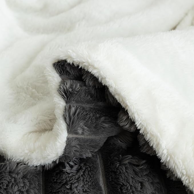 UKELER Sherpa Fleece Blanket 60 × 80 inch, Ultra Soft Twin Size Throw Blankets for All Season, 610 GSM Cozy Plush Striped Throw Blanket for Bed Couch Sofa Office Camping, Dark Grey