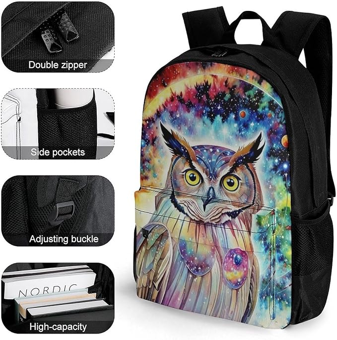 Polyester Daypack for Hiking Work Running, Big Capacity Anti-Theft Multipurpose Shoulder Bag, Owl Space Cartoon Travel and Sport Backpack Rucksack