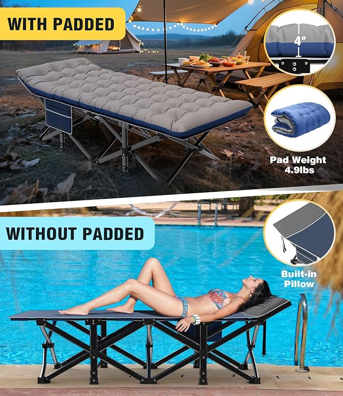 Slendor XXL Camping Cot, Oversized Camping Bed, 79" L x 32" W x 19" H Sleeping Cot with Mattress, Carry Bag, Camp Cot Bed for Travel, Guest, Support 900lbs, Blue Cot+ Grey Pad