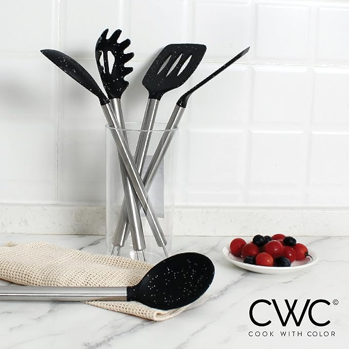 COOK WITH COLOR Silicone Cooking Utensils, Kitchen Utensil Set, Easy to Clean Silicone Kitchen Utensils, Cooking Utensils for Nonstick Cookware, Kitchen Gadgets Set, 5 Pieces, Speckled Black