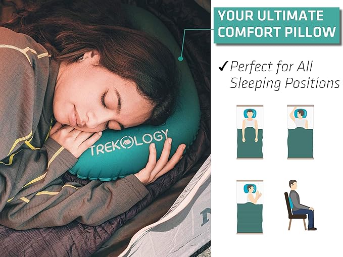 TREKOLOGY ALUFT2.0 (Light Blue) & UL Sleeping Pad-Compressible, Compact, Comfortable, Ergonomic Inflating Pillow, Inflatable Camping Mat for Travel. Compact Lightweight Sleeping System
