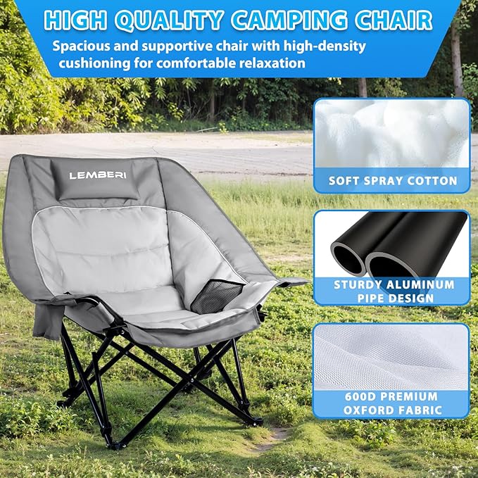 Oversized Folding Camping Chair, Portable Outdoor Folding Chairs with Headrest Support,Cup Holder,Heavy Duty Camping Chairs for Adults,Beach, Fishing,Camping, Sports,up to 500 LBS,2PC