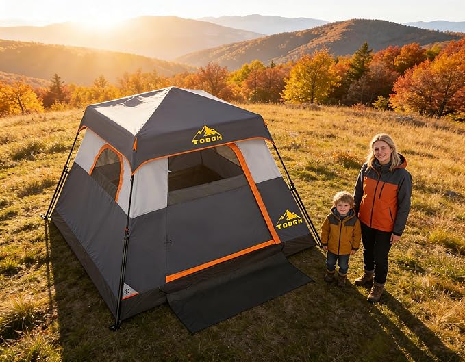 3/4 Person Camping Tent with 1 Door, 4 Windows, and Upgraded Ventilation– Instant Setup, Waterproof, 8'x 8'x 67''Oxford Fabric Floor Pop Up in 60 Seconds Includes Rainfly and Backpack