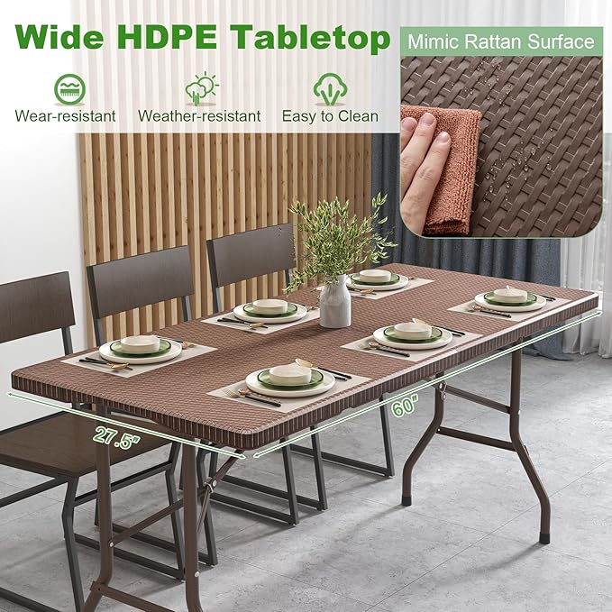 Tangkula 5FT Folding Table, Indoor Outdoor Foldable Plastic Table with Rattan Textured HDPE Tabletop, Sturdy Metal Fame, Carrying Handle, 4-6 Person Picnic Table for Camping BBQ Party