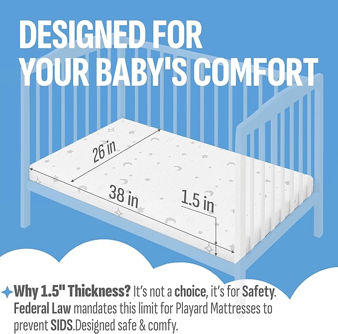 Pack n Play Mattresses (38"x26"x1.5") Bamboo Cover,Breathable,%100 Waterproof,Non-Toxic,Washable I Dual-Sided Gel Memory Foam I Toddler&Baby Pack and Play Mattress Pad Fits Playard&Playpen