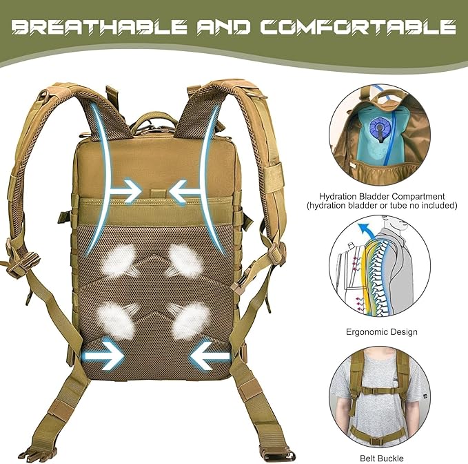 WOLT Military Tactical Backpack for Men 45L Molle Backpack 3 Day Assault Pack Bug Out Bag, Heavy Duty Rucksack for Hiking Gym(Khaki)
