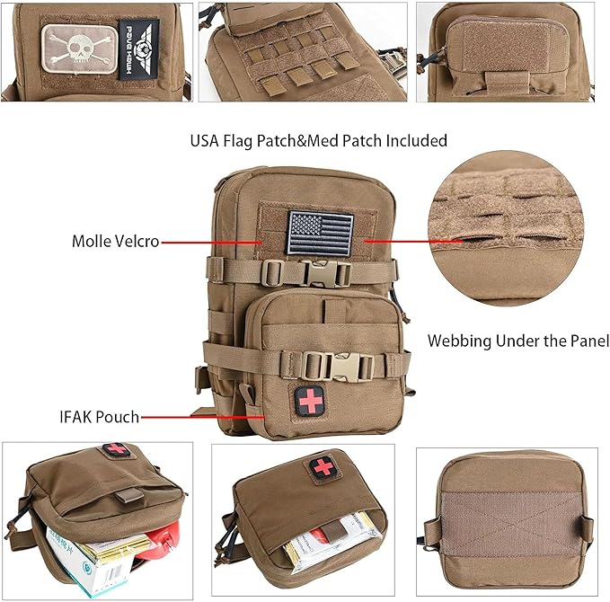 Tactical Mini Molle Hydration Pack,Molle Hydration Carrier with IFAK Pouch&US Flag&Med Patch,Hydropack for 2L Water Bladder